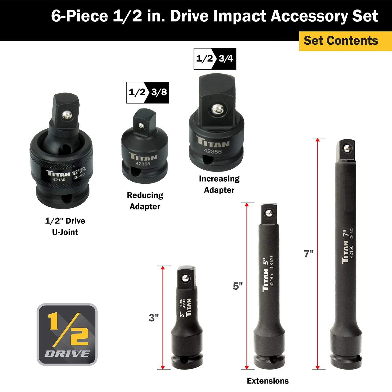 Titan Tools 6pc 1/2" Drive Impact Socket Accessory Set (42100) — product image 2