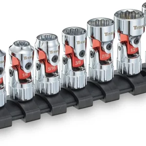 Seven Titan 66860 universal SAE sockets arranged on a black rail