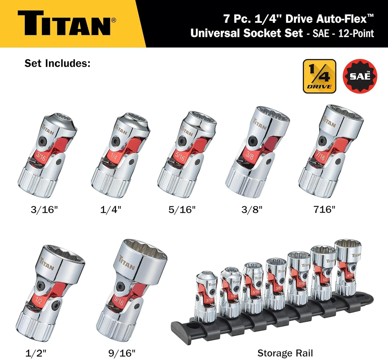 Titan Tools Auto Flex Universal Socket Set - SAE, 1/4" Drive, 7 Piece (66860) — product image 2