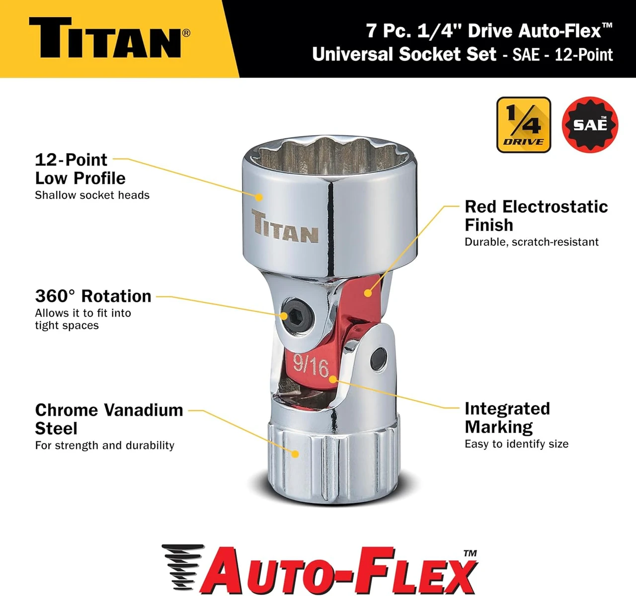 Titan Tools Auto Flex Universal Socket Set - SAE, 1/4" Drive, 7 Piece (66860) — product image 4