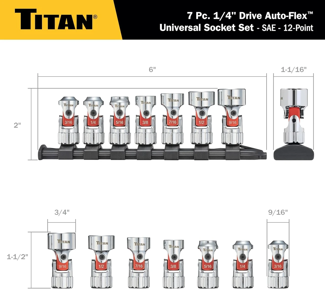 Titan Tools Auto Flex Universal Socket Set - SAE, 1/4" Drive, 7 Piece (66860) — product image 5