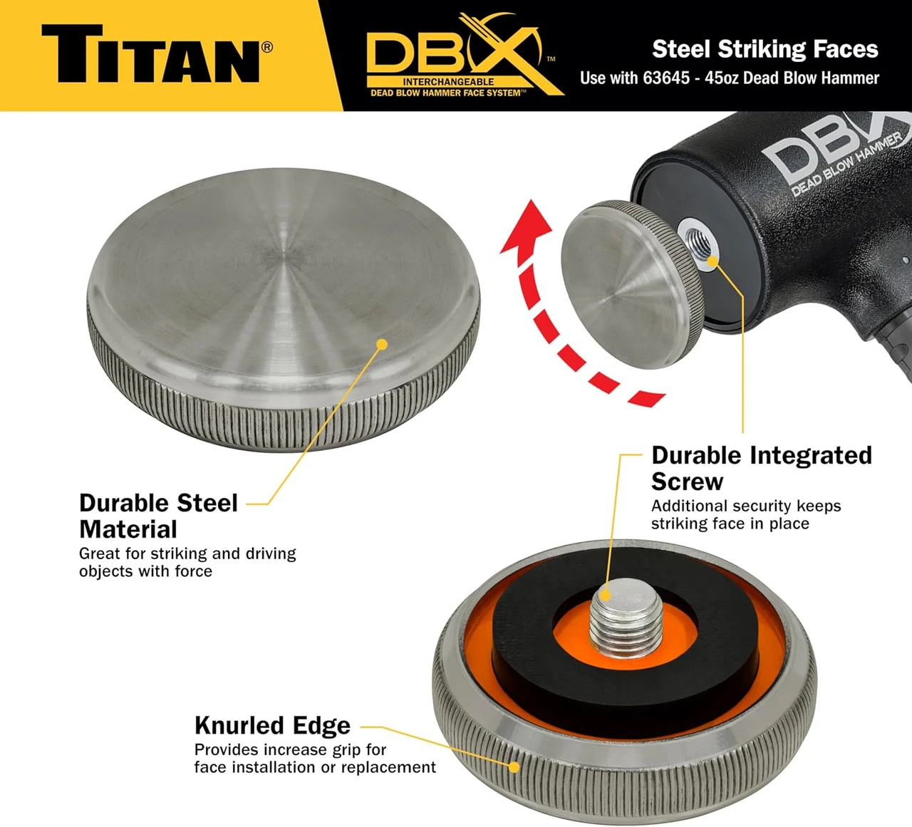Titan Tools Interchangeable Steel Striking Faces For Dead Blow Hammer - 45 Oz (63642) — product image 2