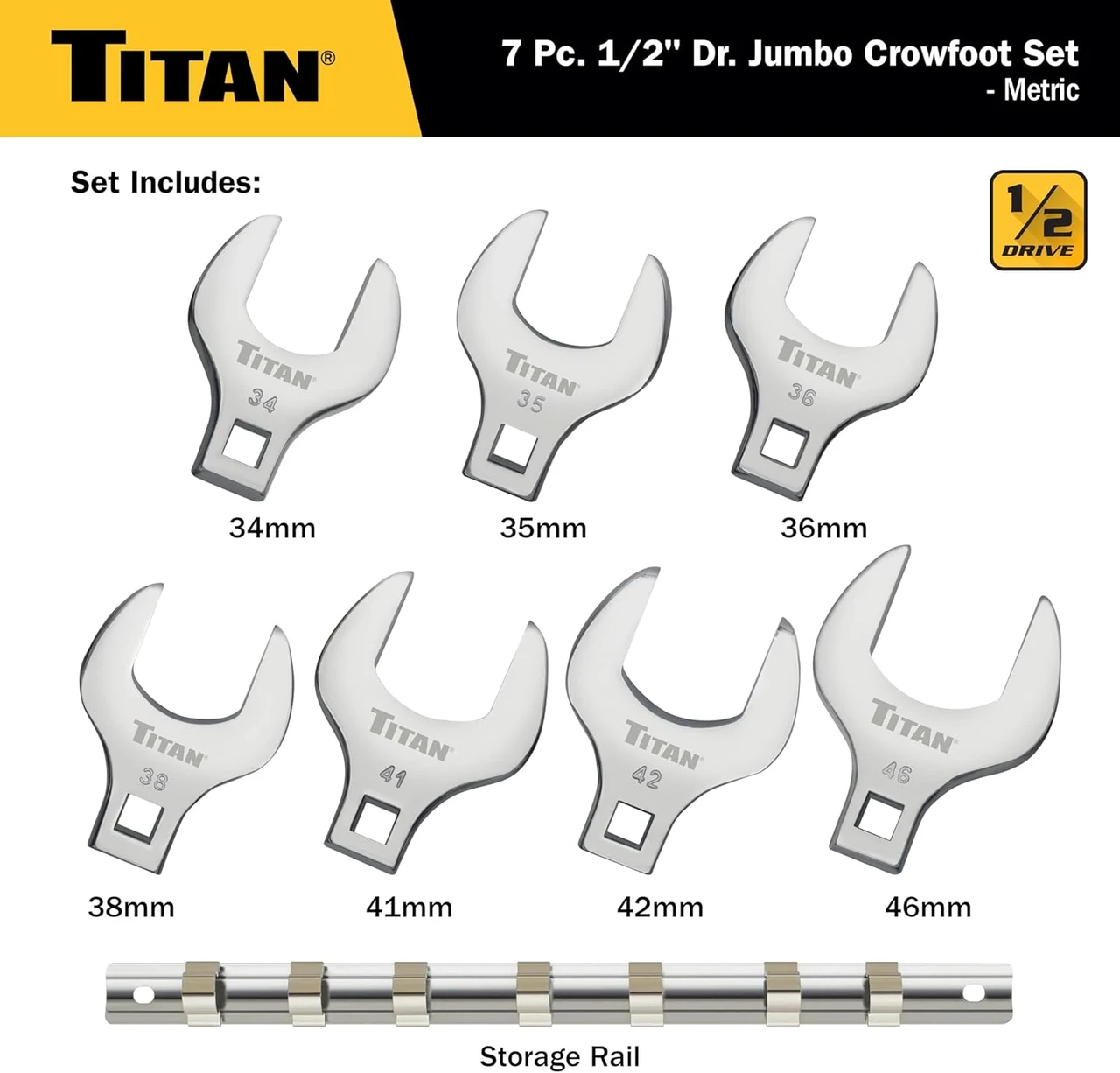 Titan Tools Jumbo Crowfoot Wrench Set - Metric, 1/2" Drive, 7 Piece (17670) — product image 2