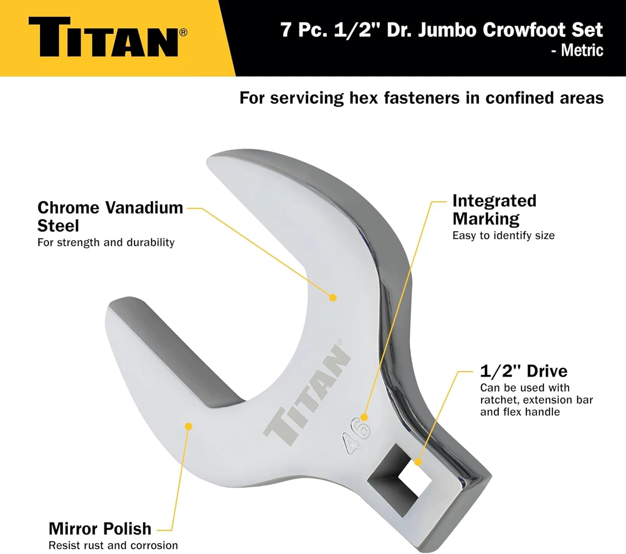 Titan Tools Jumbo Crowfoot Wrench Set - Metric, 1/2" Drive, 7 Piece (17670) — product image 3