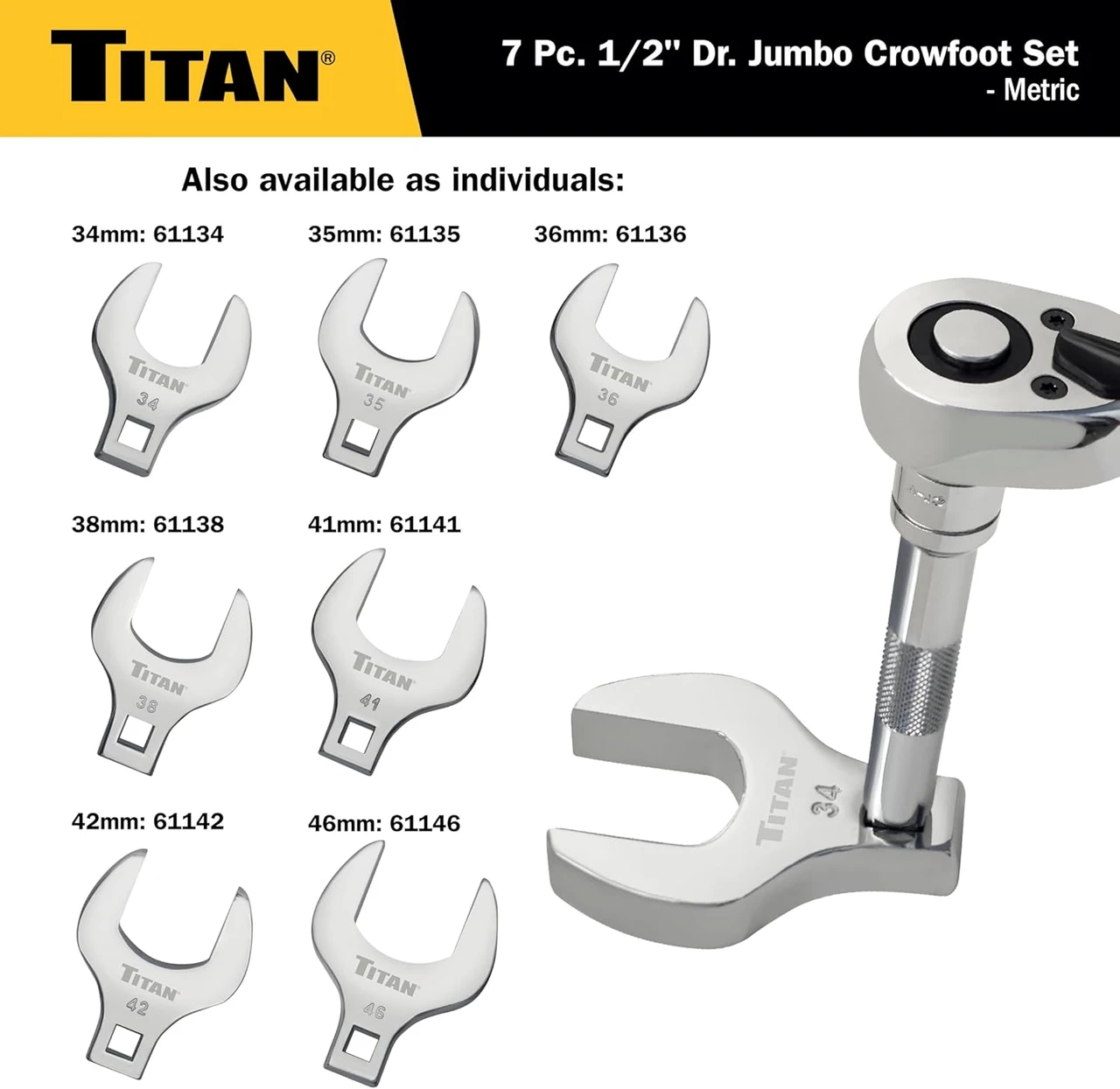Titan Tools Jumbo Crowfoot Wrench Set - Metric, 1/2" Drive, 7 Piece (17670) — product image 5