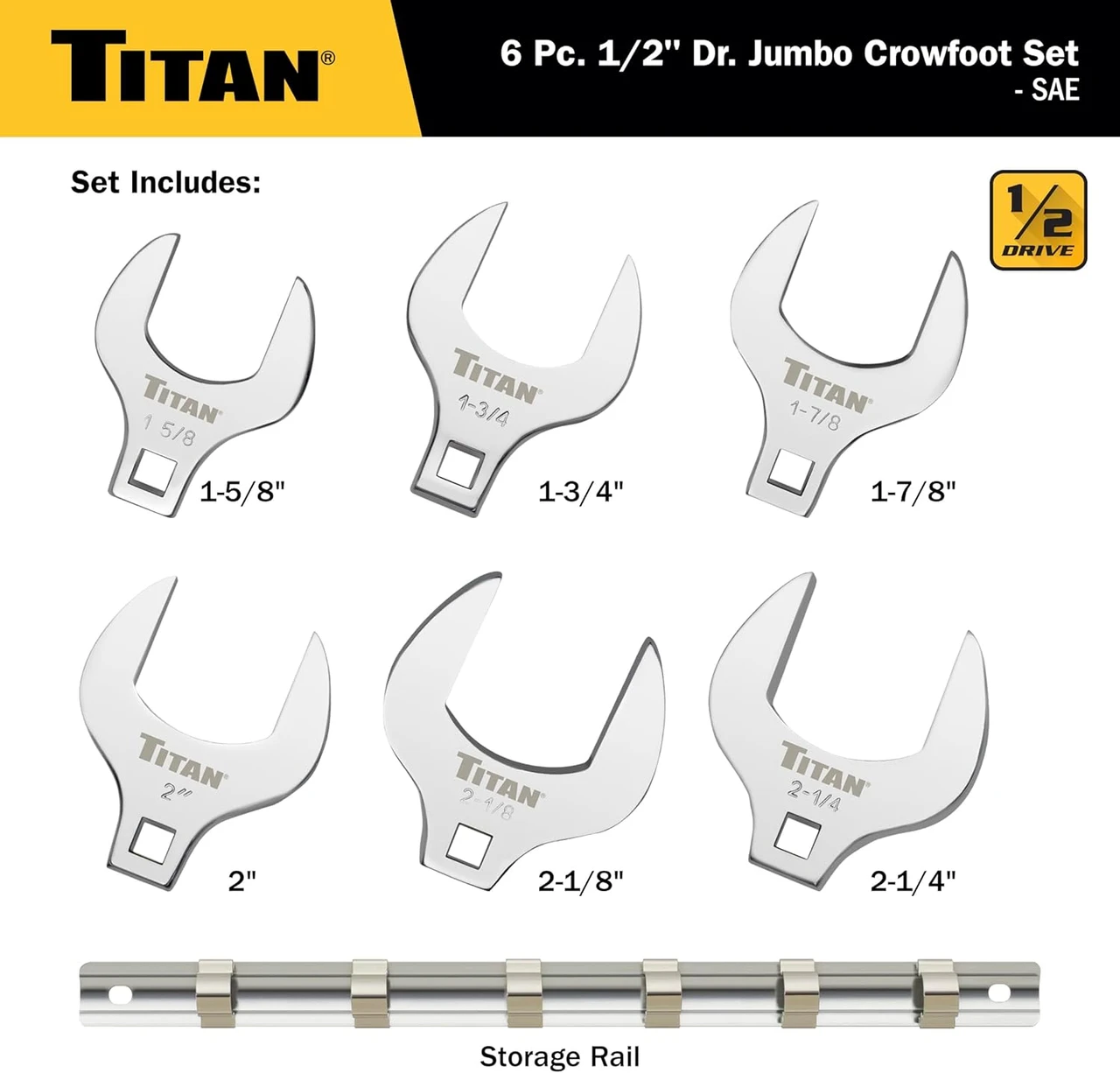 Titan Tools Jumbo Crowfoot Wrench Set - SAE, 1/2" Drive, 6 Piece (17676) — product image 2