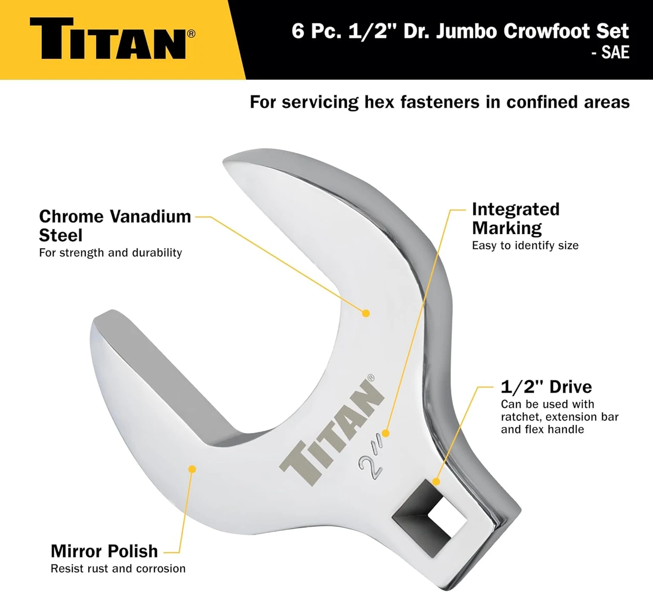 Titan Tools Jumbo Crowfoot Wrench Set - SAE, 1/2" Drive, 6 Piece (17676) — product image 3