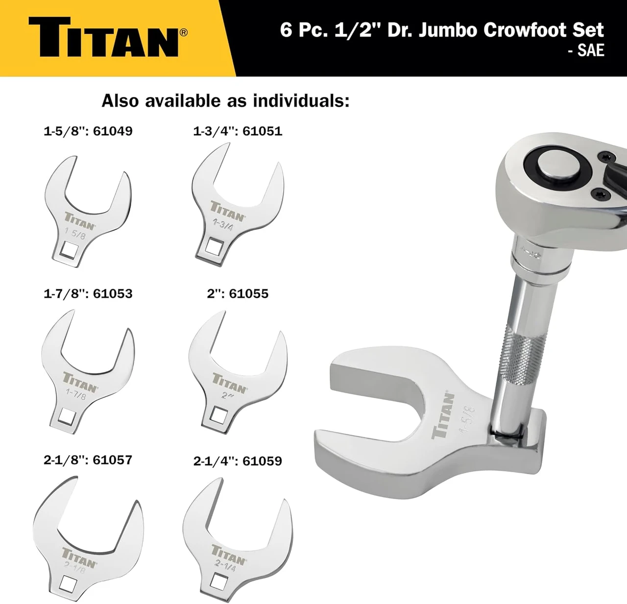 Titan Tools Jumbo Crowfoot Wrench Set - SAE, 1/2" Drive, 6 Piece (17676) — product image 5