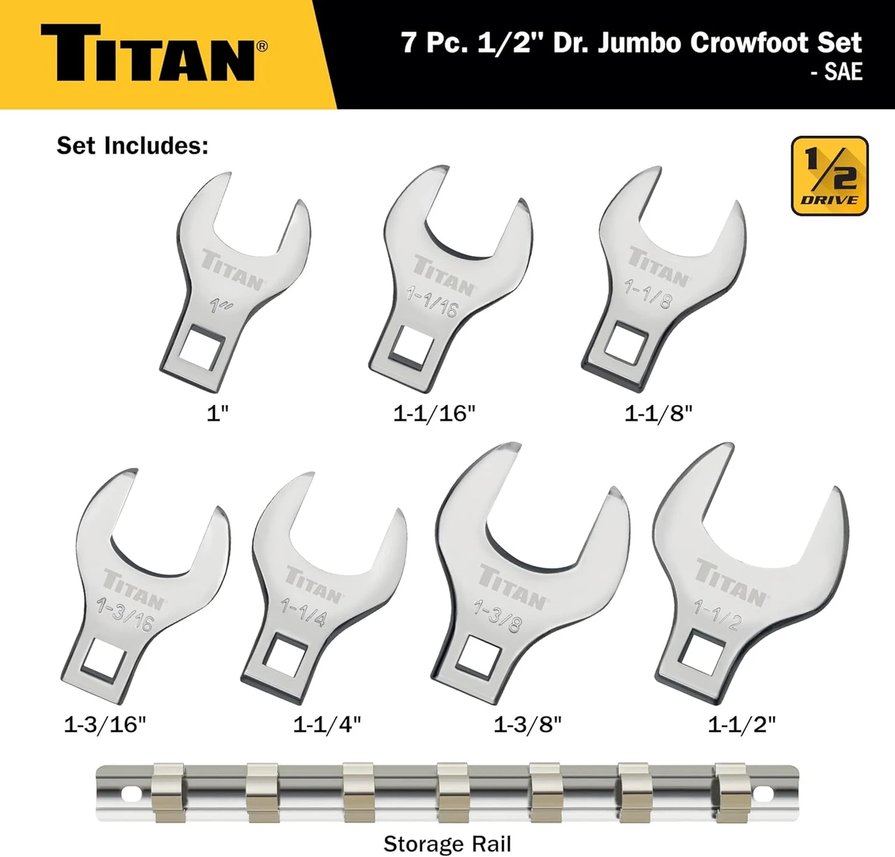 Titan Tools Jumbo Crowfoot Wrench Set - SAE, 1/2" Drive, 7 Piece (17671) — product image 2