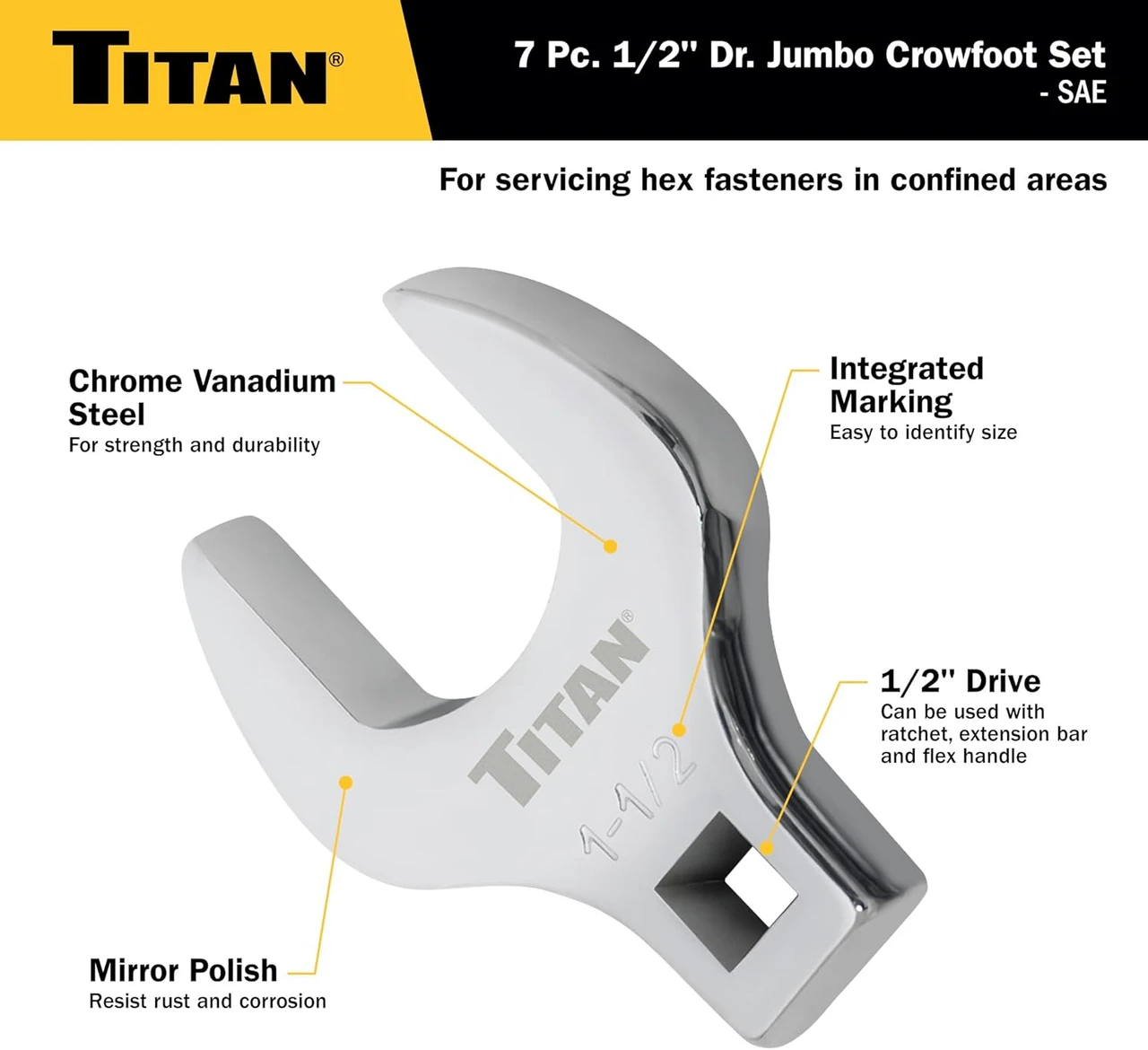 Titan Tools Jumbo Crowfoot Wrench Set - SAE, 1/2" Drive, 7 Piece (17671) — product image 3