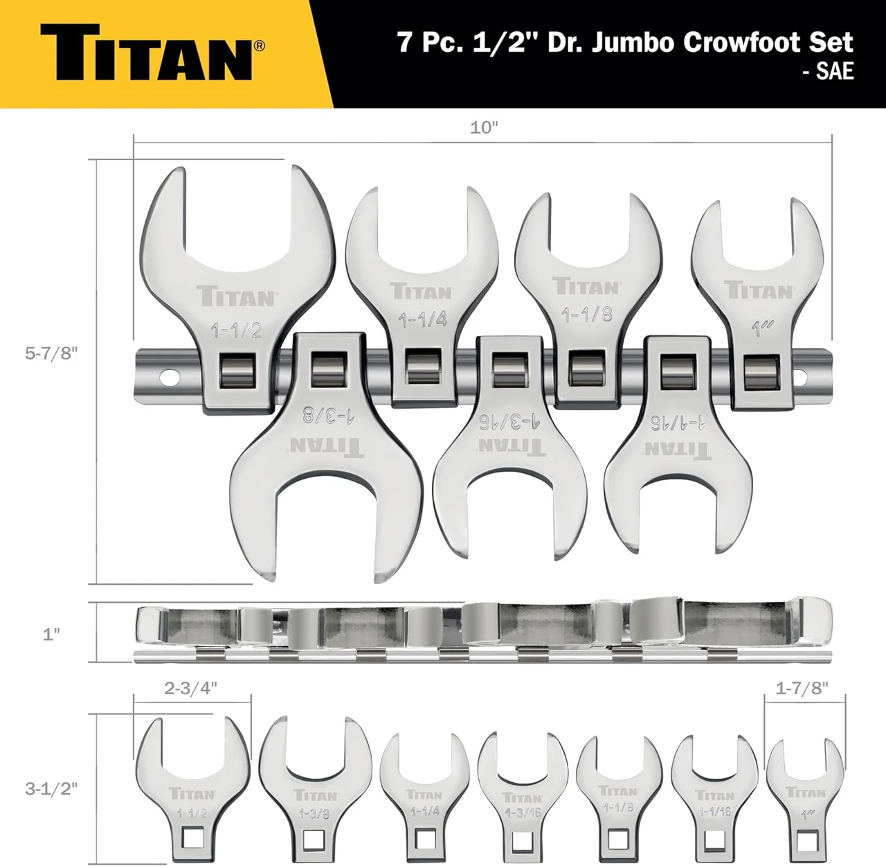 Titan Tools Jumbo Crowfoot Wrench Set - SAE, 1/2" Drive, 7 Piece (17671) — product image 4