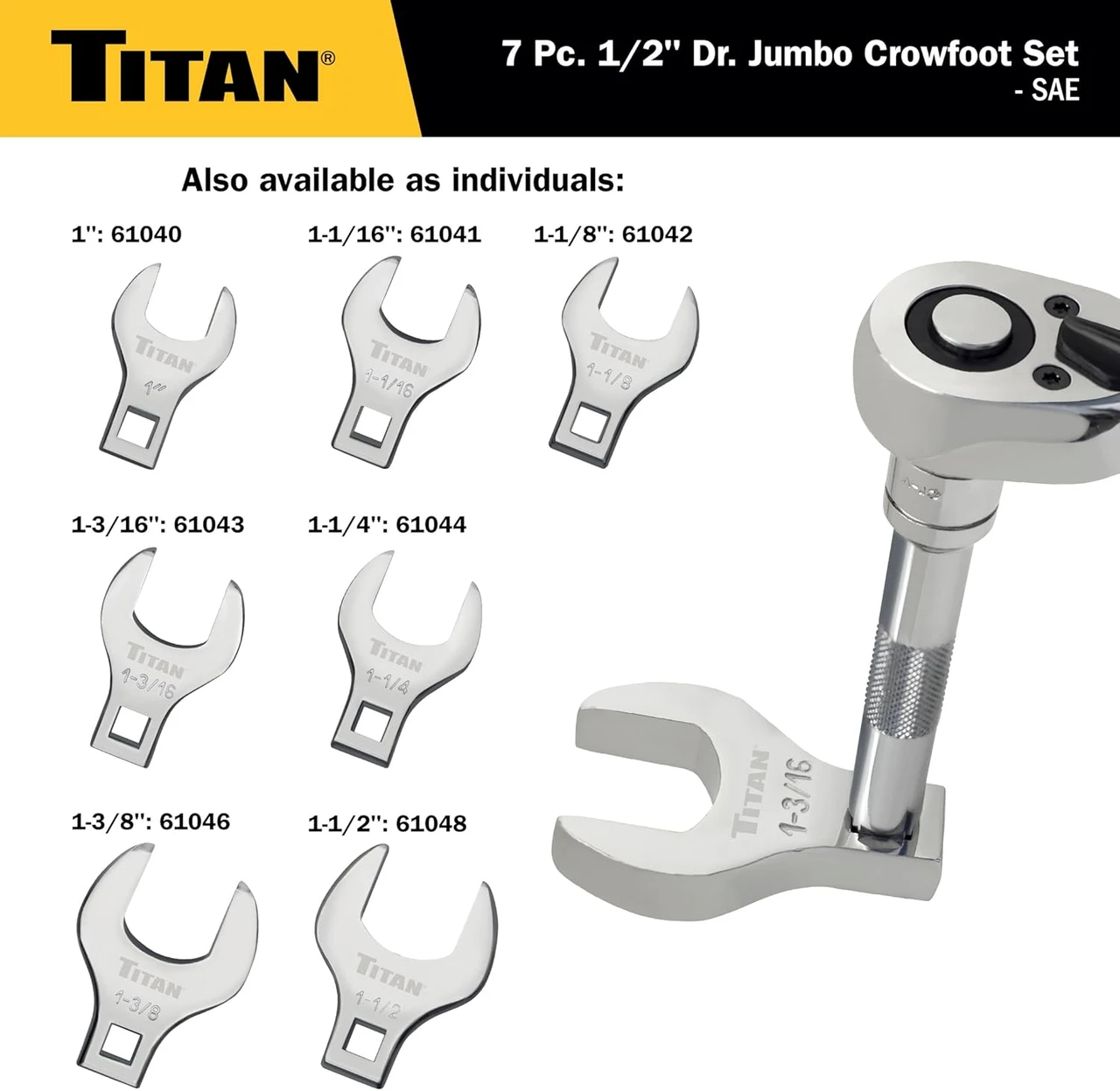 Titan Tools Jumbo Crowfoot Wrench Set - SAE, 1/2" Drive, 7 Piece (17671) — product image 5