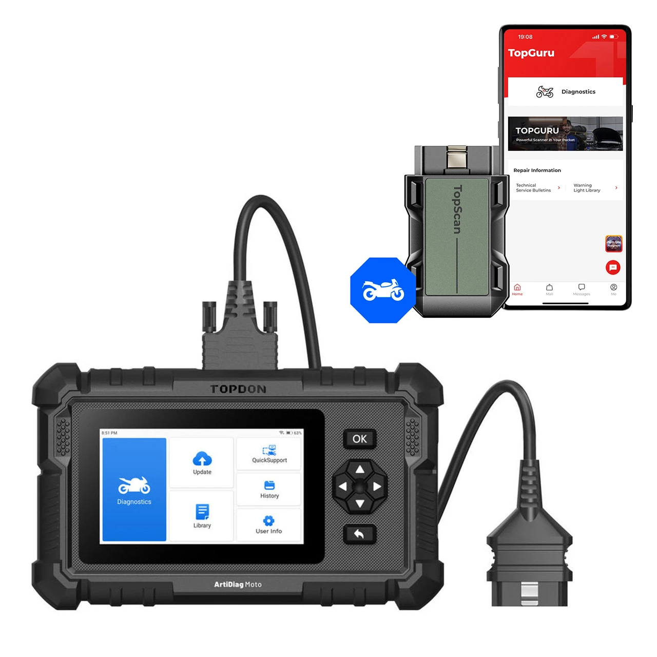 TOPDON ArtiDiag Moto tablet and cables with TopScan Moto app illustration