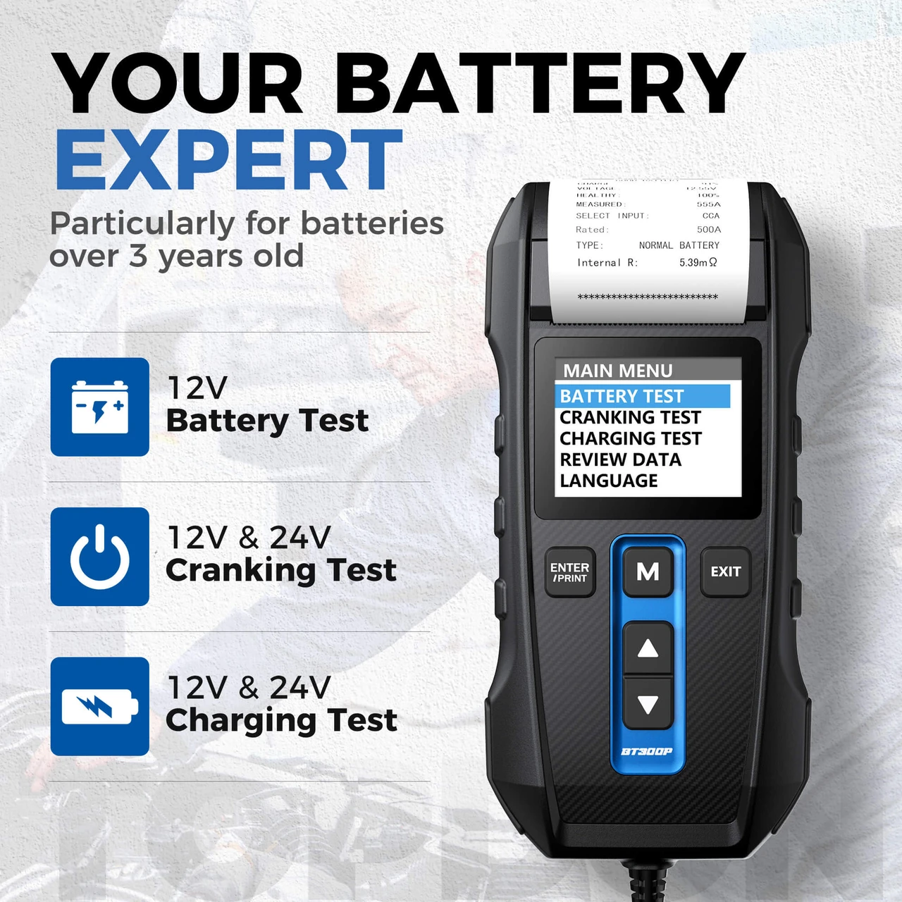 TopDon Bt300P Battery, Charging & Cranking System Tester w/Printer (TD52110048) — product image 3