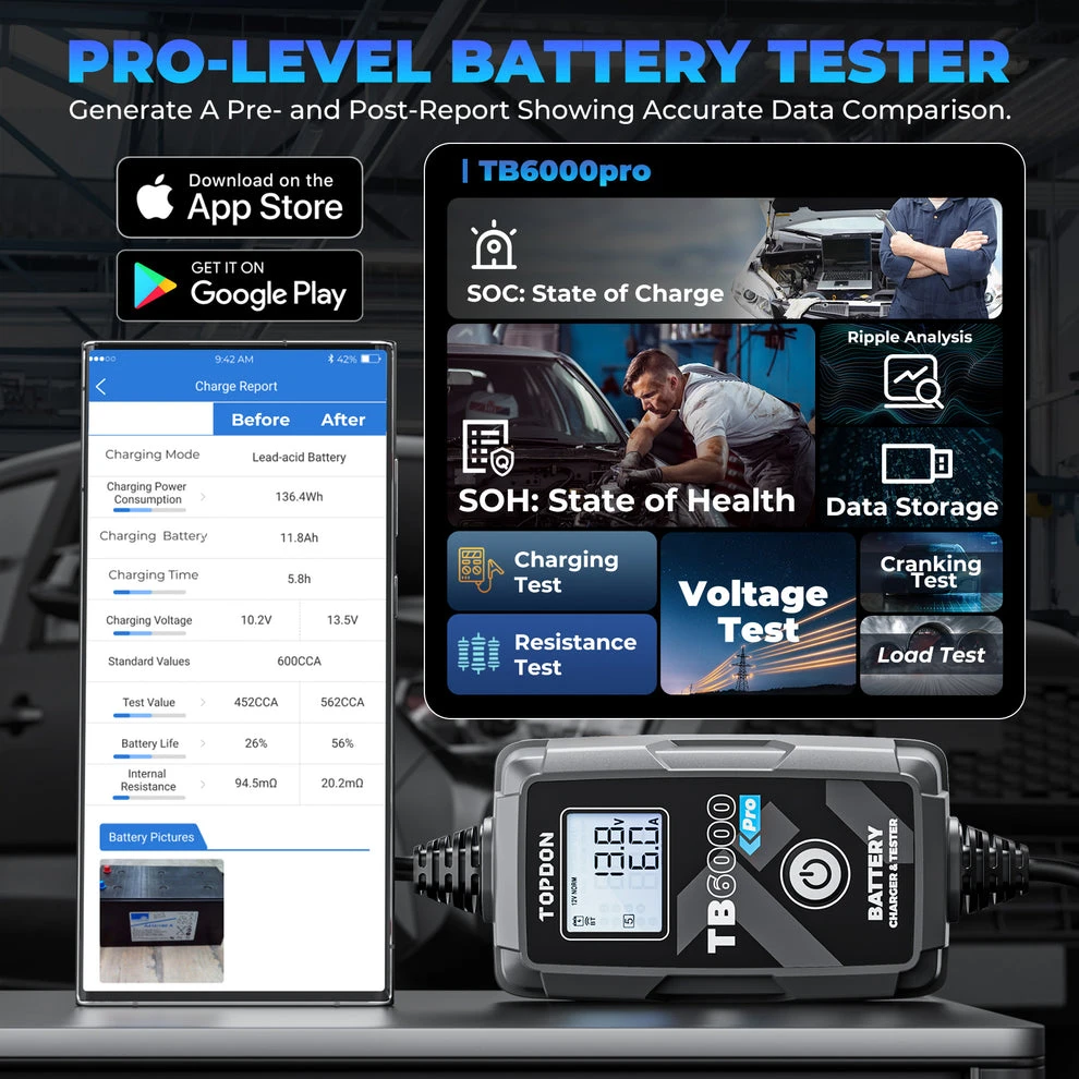 TOPDON TB6000 Pro Smart Car Battery Charger and Tester (TD52130091) — product image 3