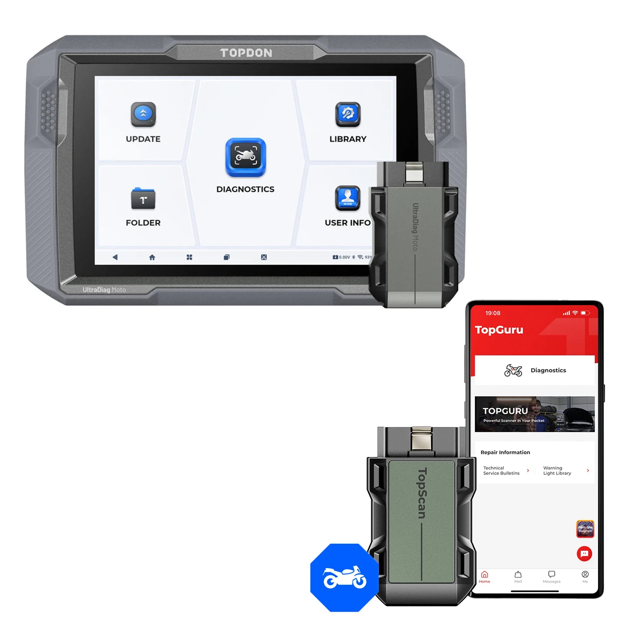 TOPDON UltraDiag Moto tablet and interface with TopScan Moto phone illustration