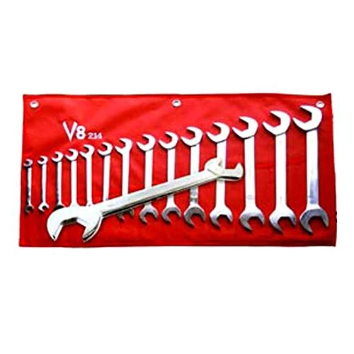 V8 Tools 214 Angle Head Wrench Set, 14 Piece, 3/8"-1-1/4", 30 And 60 Degree Heads, Full Polish, In Canvas Pouch