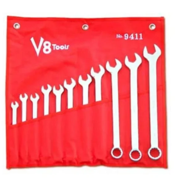 V8 Tools 9411 Combination Wrench Set, 11 Piece, 1/4" To 7/8", Long Pattern, Fully Polished, In Canvas Pouch