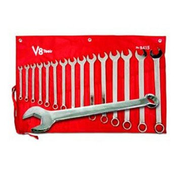 V8 Tools 9415 Combination Wrench Set, 15 Piece, 3/8" To 1-1/4", Long Pattern, Fully Polished, In Canvas Pouch