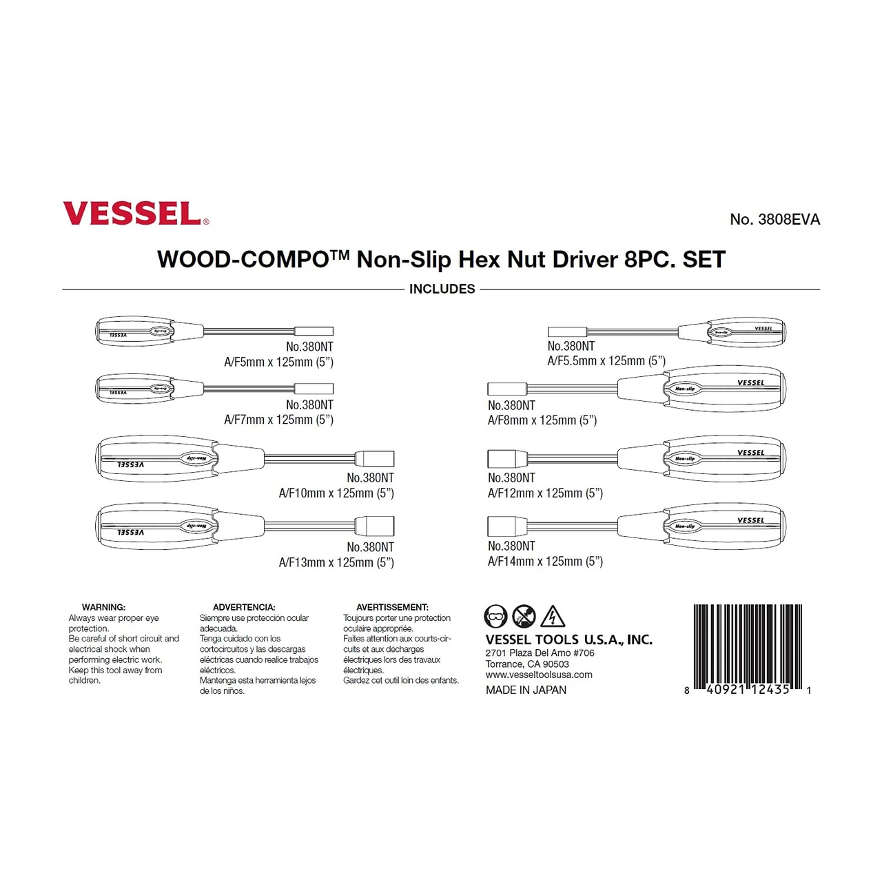 Vessel WOOD-COMPO Non-Slip Hex Nut Driver 8 Pc Set (3808EVA) — product image 2