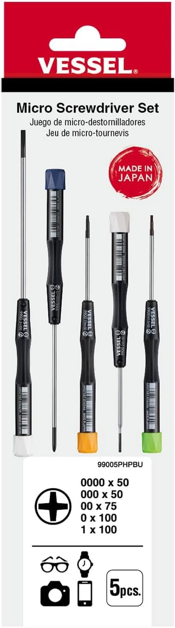 Vessel Precision Micro Tip Screwdriver Set (+0000, +000, +00, +0, +1) (99005PHPBU)