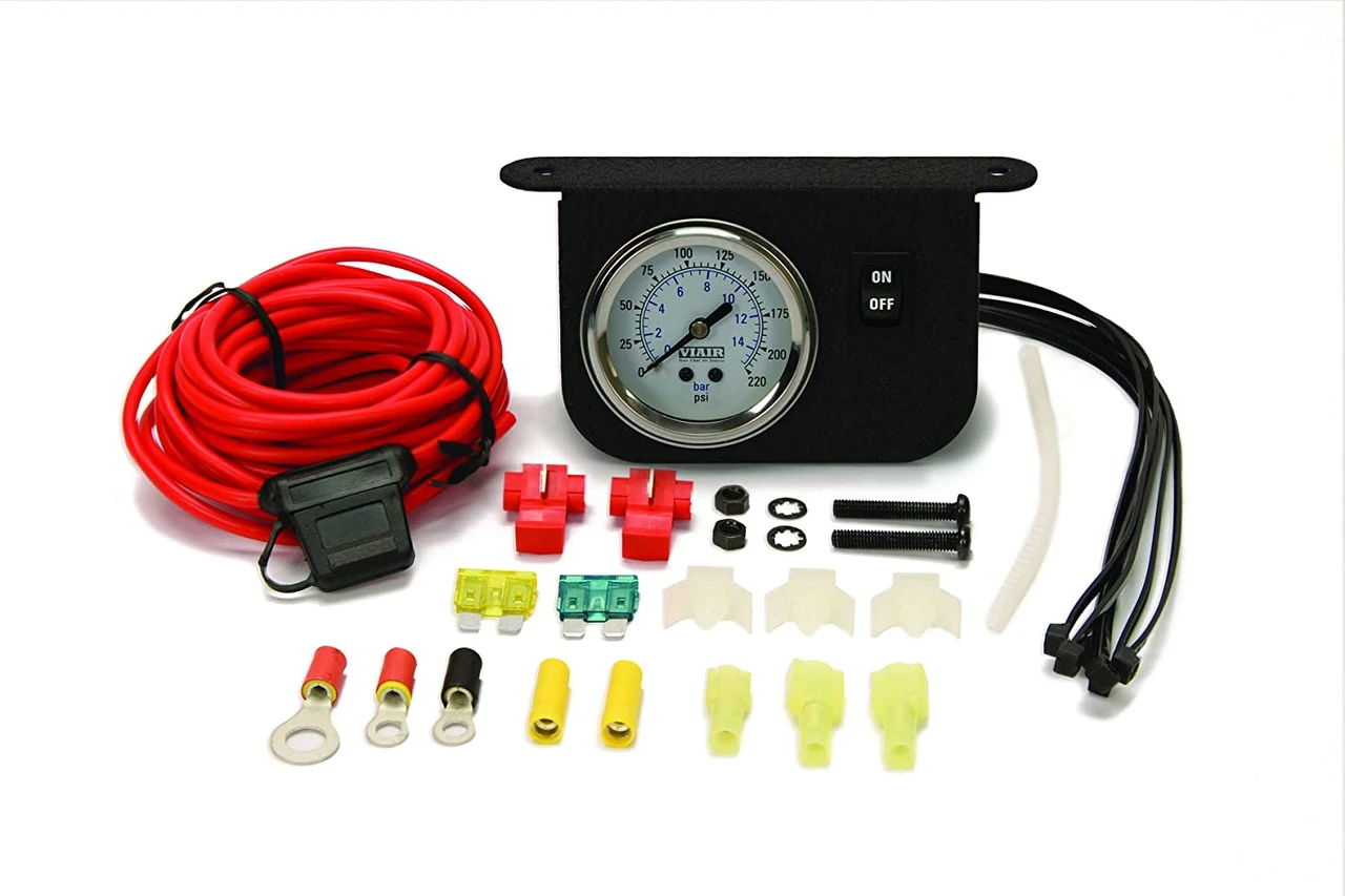 VIAIR Illuminated 200 PSI Black Face Dash Panel Gauge Kit 30 Amp (20066)