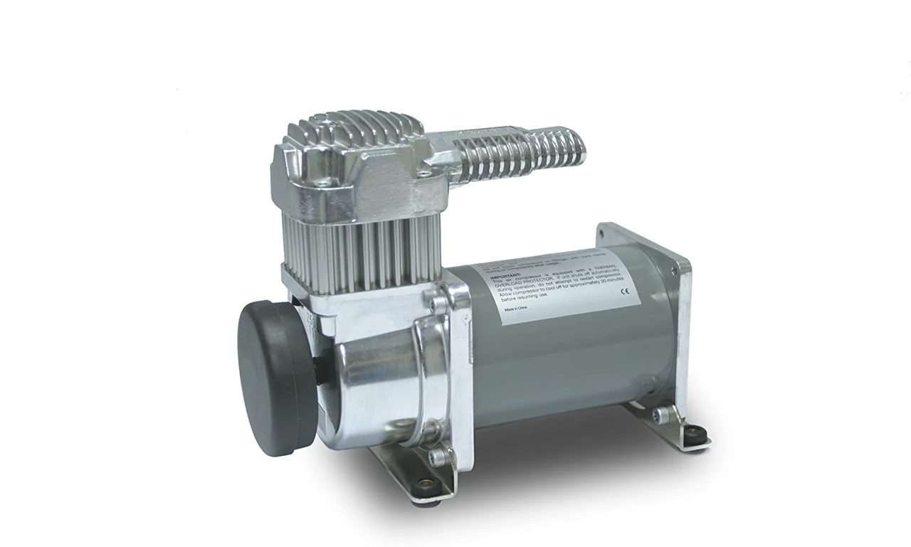 Viair silver compressor with finned cylinder head and braided leader hose