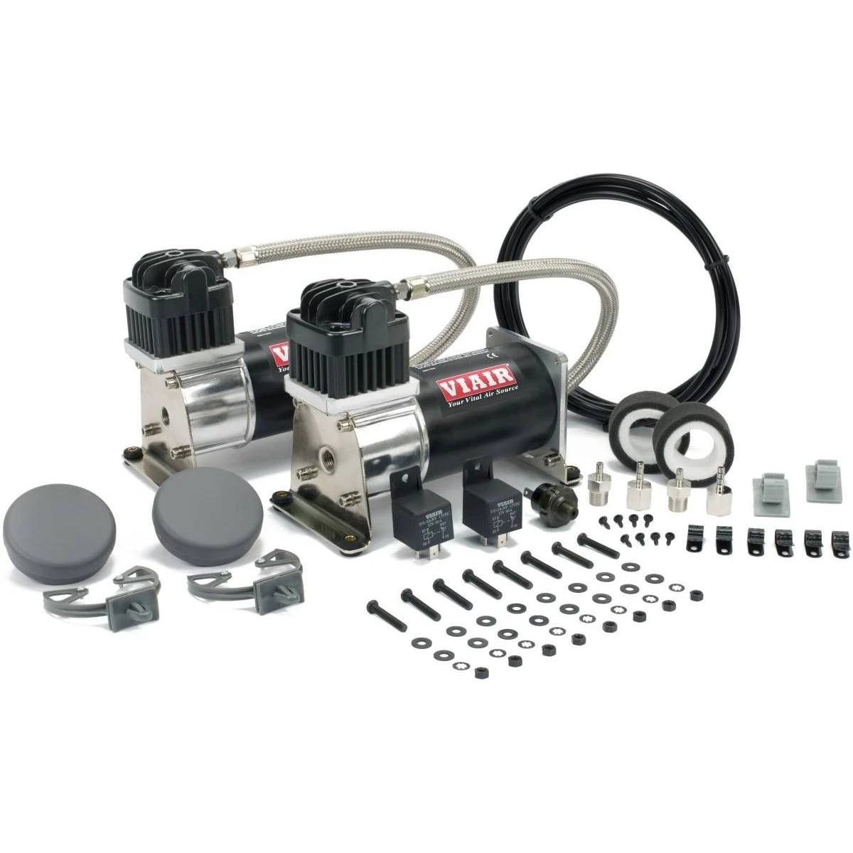 Two Viair compressors with hoses, filters, relays and mounting components