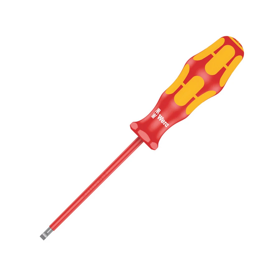 Wera long insulated slotted screwdriver with red blade covering and yellow-red handle