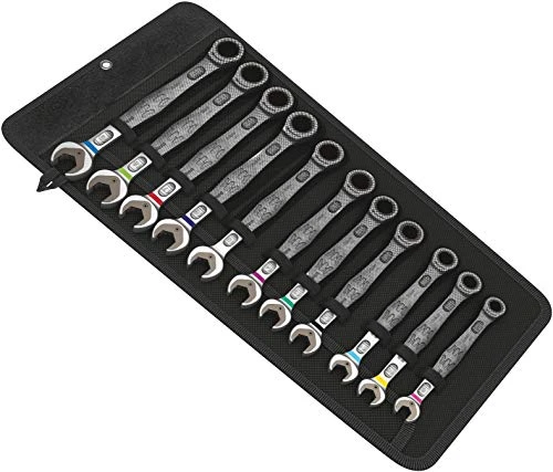 Eleven Wera Joker combination wrenches organized in a black fabric holder