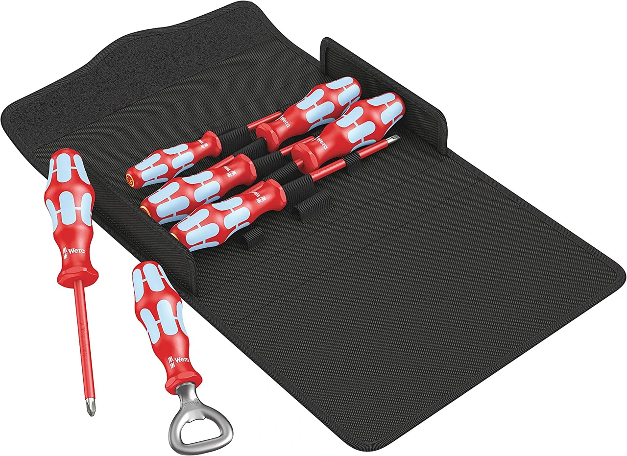 Wera 3100 i/7 insulated screwdrivers and bottle opener in an open textile case