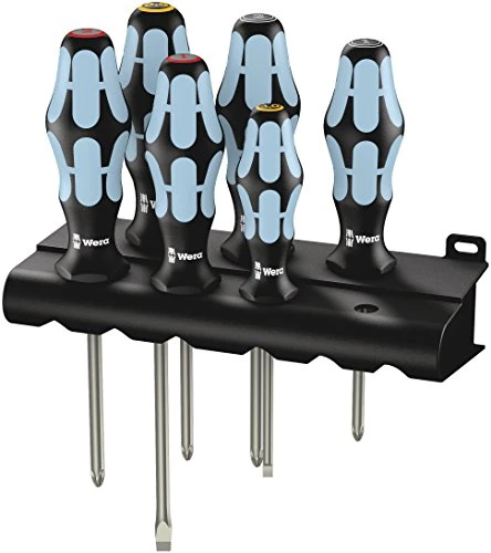 Six Wera stainless screwdrivers with pale-blue handles in a storage rack