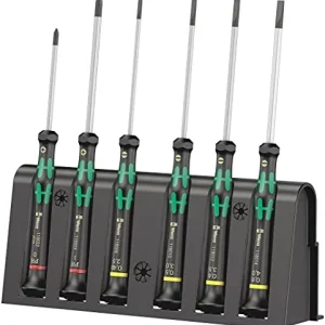 Six Wera green-black micro screwdrivers in a black rack