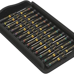 Wera ESD micro screwdriver assortment with yellow-black handles in a black holder