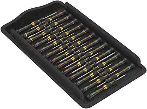 Wera ESD micro screwdriver assortment with yellow-black handles in a black holder