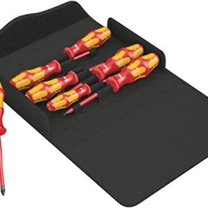 Wera Kraftform 100 iS/7 red and yellow screwdrivers in an open textile case