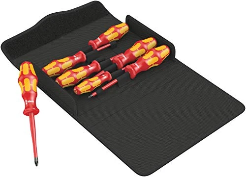 Wera Kraftform 100 iS/7 red and yellow screwdrivers in an open textile case