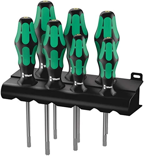 Seven Wera Kraftform Torx screwdrivers arranged in a black rack