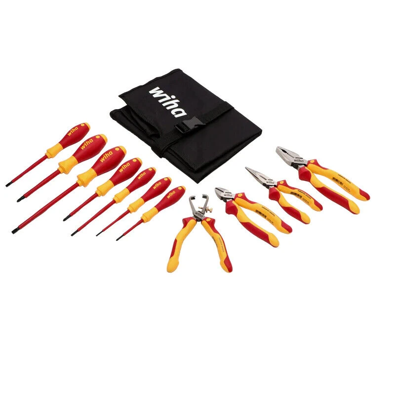 Wiha 32888 insulated screwdrivers, pliers and cutters beside a storage pouch