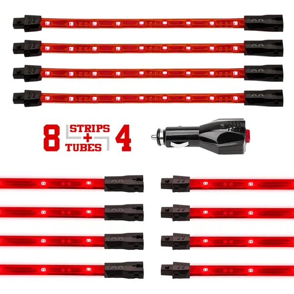 XKGLOW Interior and Underglow LED Accent Light Kit - 8pc 24" Tube + 4pc 8" Strip Single Color
