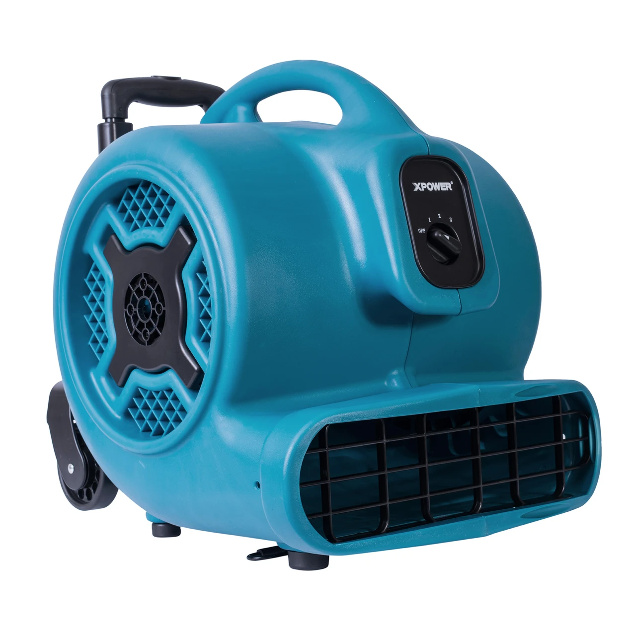 XPOWER blue air mover with transport handle, wheel assembly and front outlet grille