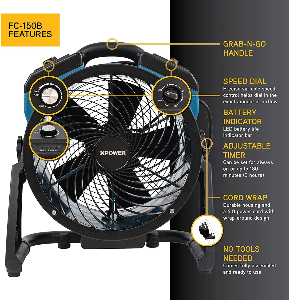 XPOWER Dual Power Corded/Cordless Rechargeable Brushless DC Motor (FC-150B) — product image 2
