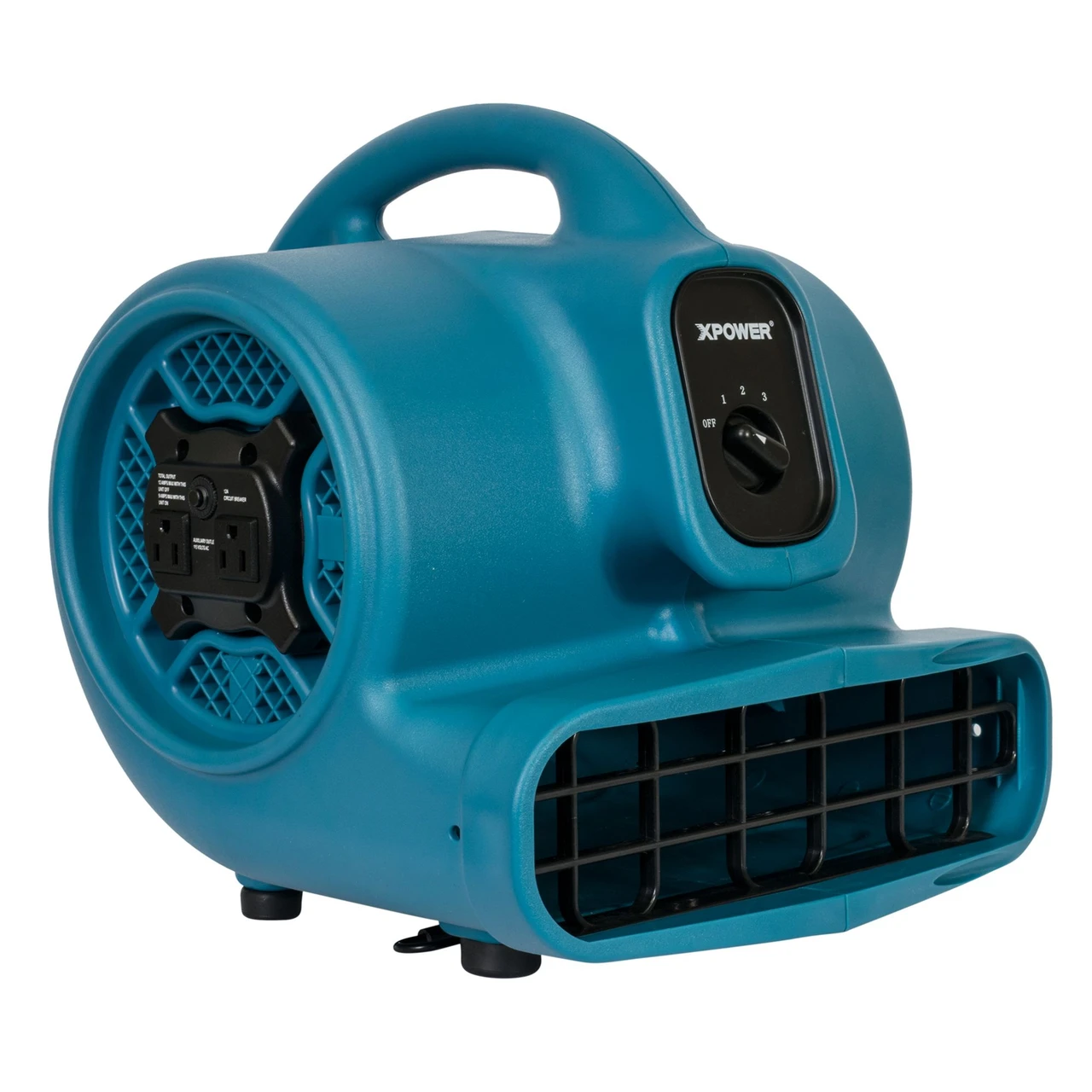 Blue XPOWER centrifugal air mover with carry handle and rectangular outlet grille
