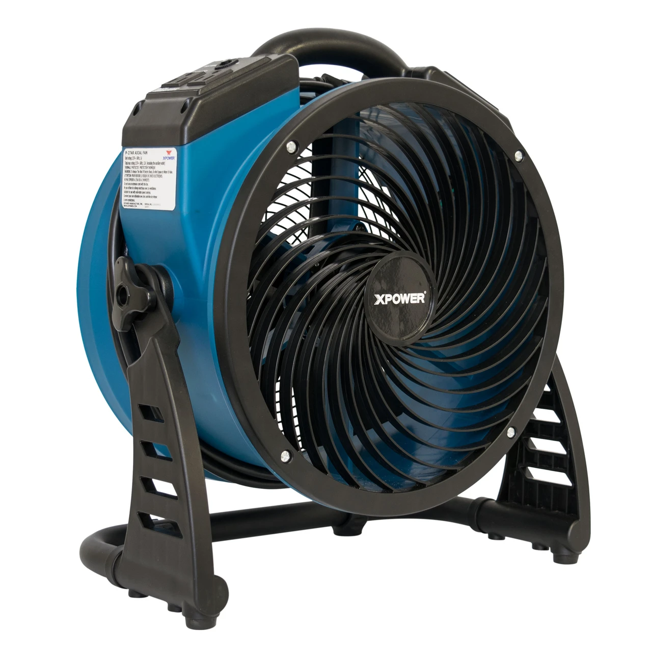 XPOWER blue and black axial fan mounted on directional stand