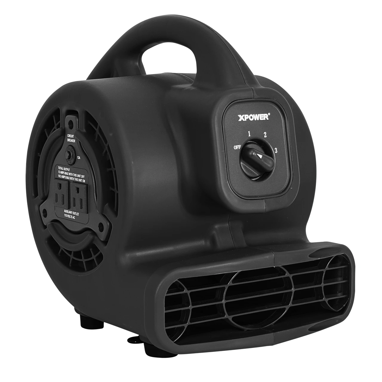 XPOWER black mini air mover with carry handle, switch and outlet grille