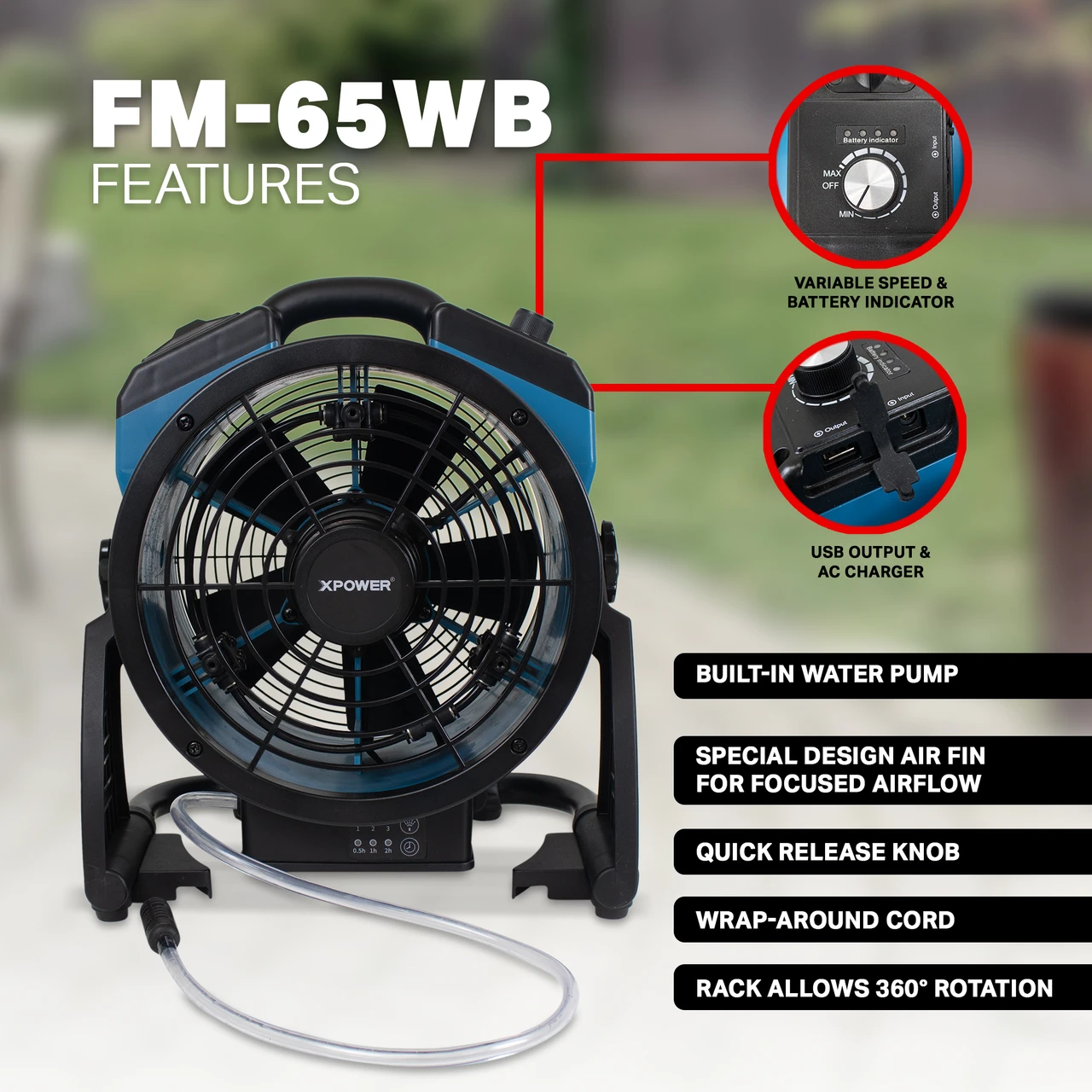 XPOWER Multi-purpose Battery Powered Misting Fan and Air Circulator (FM-65WB) — product image 3