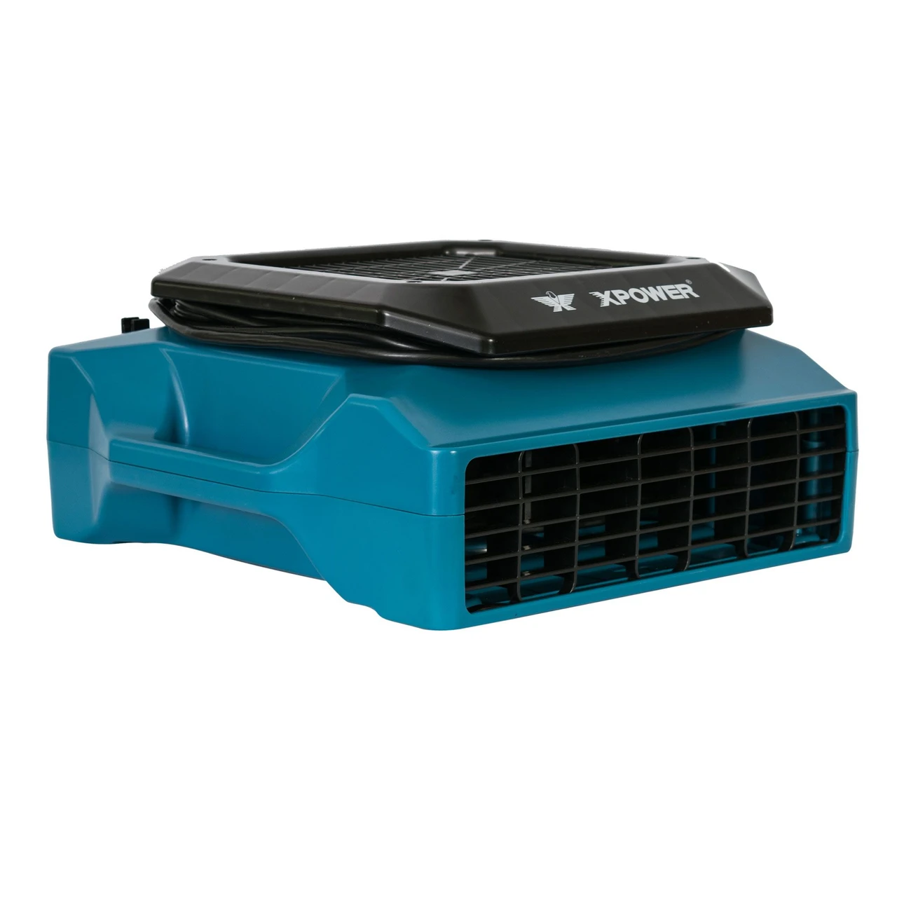 Blue XPOWER low profile air mover with black top handle and rectangular outlet grille