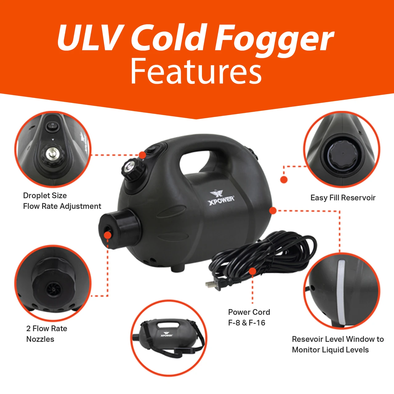 XPOWER ULV Cold Fogger with 20 Ft Cord and Adjustable Nozzle (F-8) — product image 7