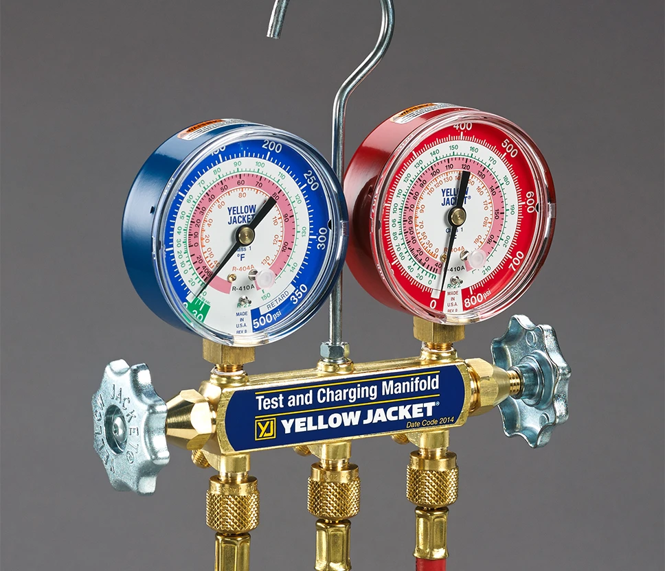 Yellow Jacket Manifold with 3-1/8" Gauges for R-22, 404A, 410A (42001) — product image 2